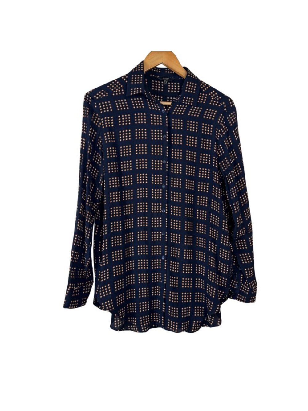 Massimo Dutti Button Down Shirt Women's Size 4 Navy Blue Gold Dots Career Office